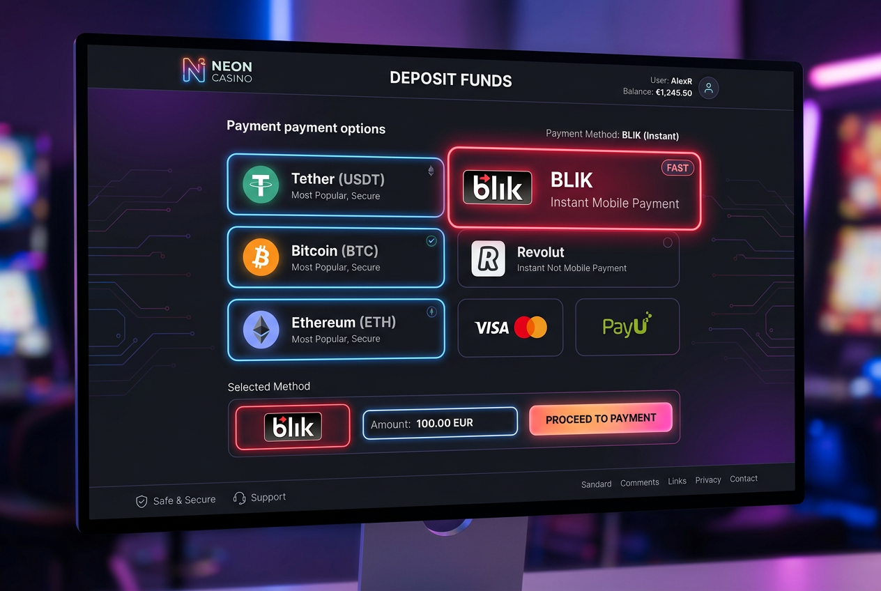 Interfejs płatności kryptowalutowych i BLIK w BetLabel Kasyno