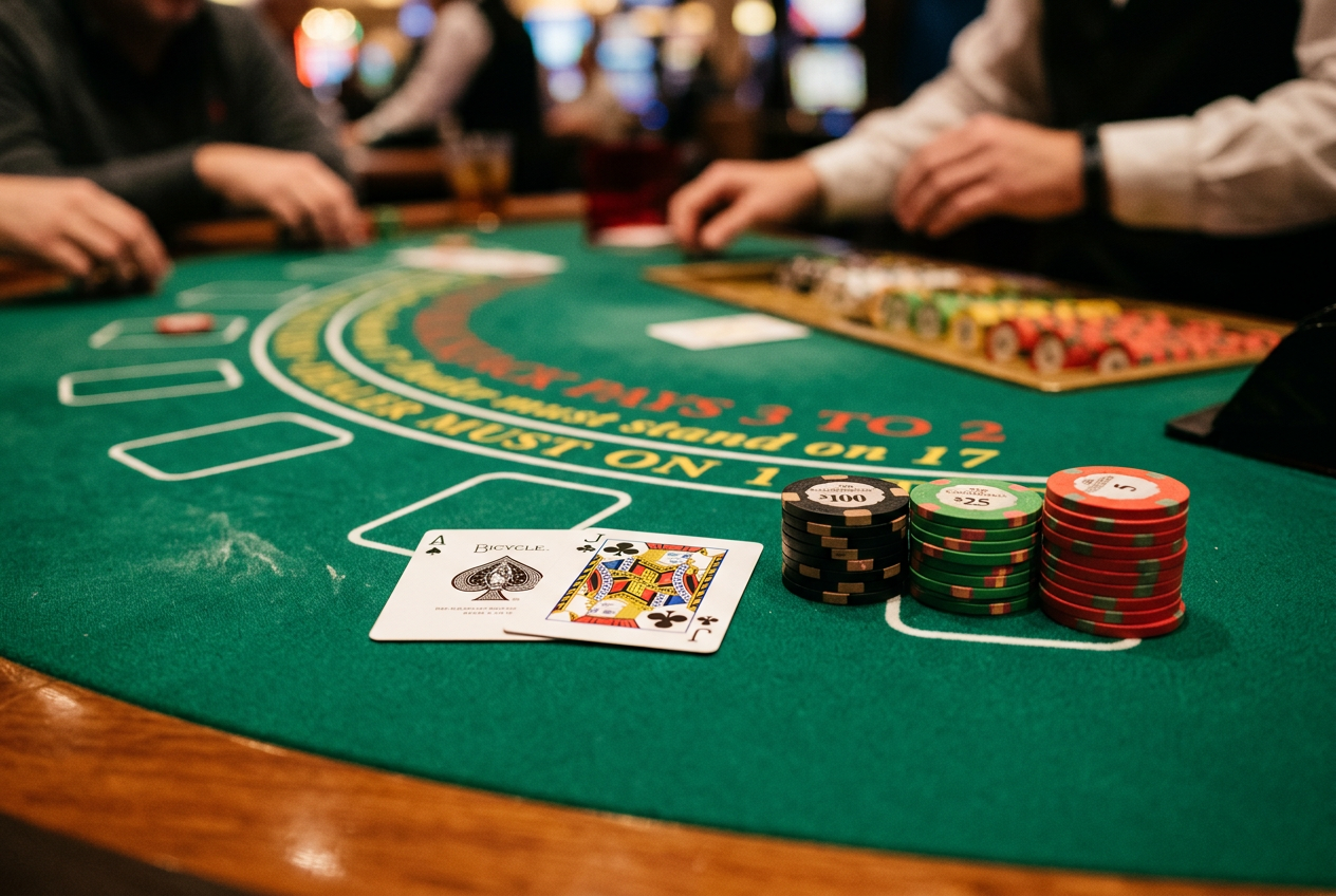Klasyczny stół do blackjacka z kartami i żetonami kasynowymi