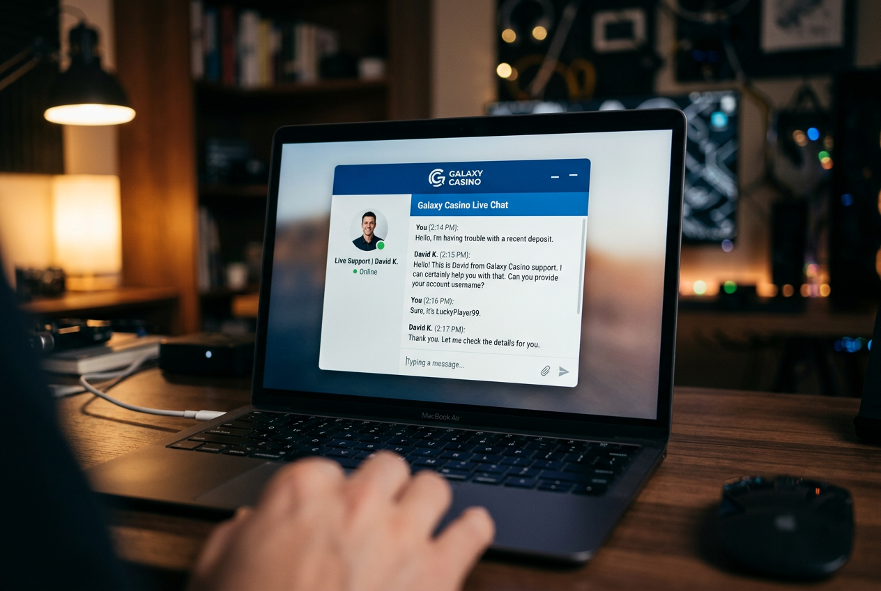 Zbliżenie na ekran laptopa z otwartym oknem czatu wsparcia technicznego kasyna Vulkan Spiele, minimalistyczny i nowoczesny design interfejsu.