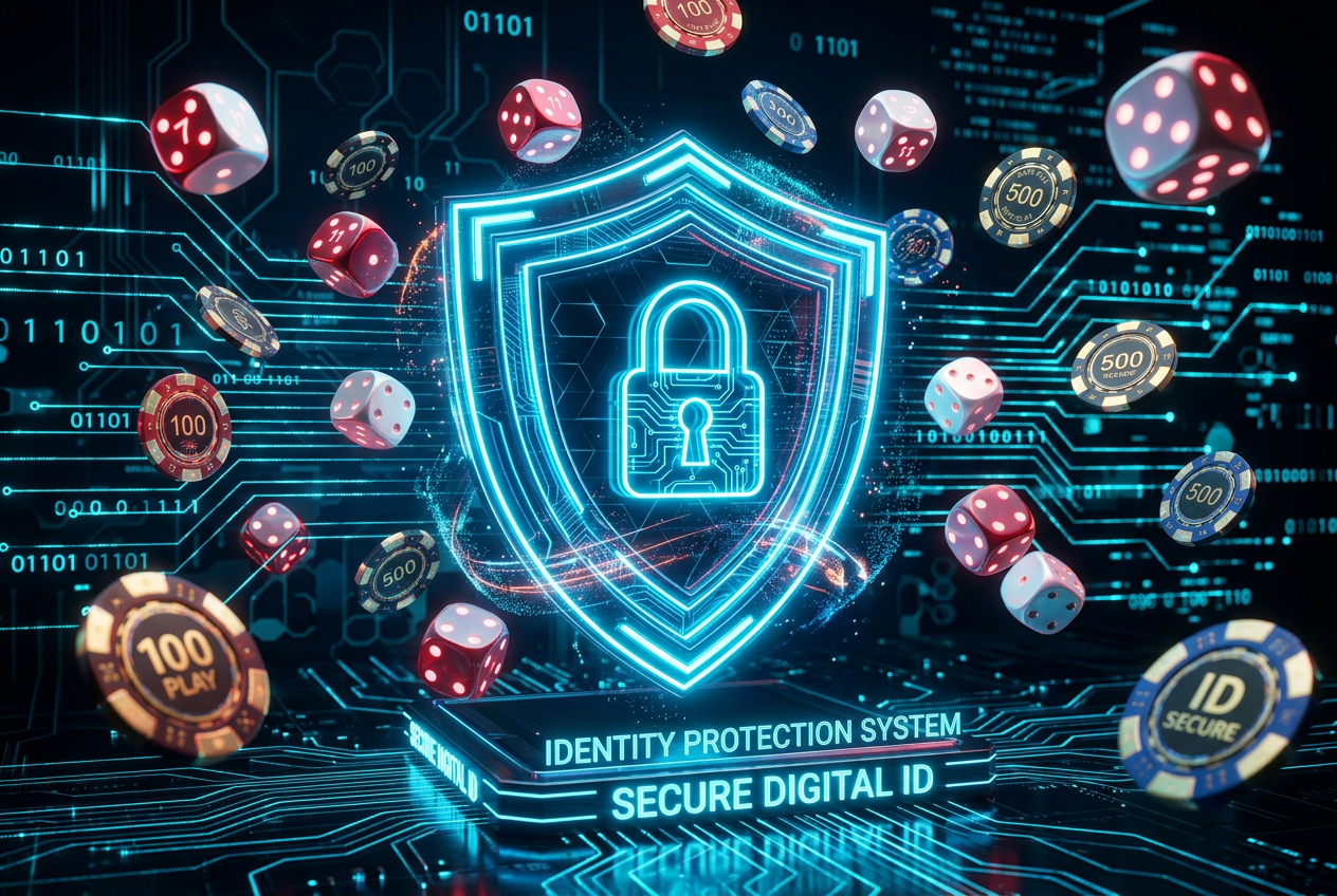 Modern digital identity protection with neon shield and casino elements