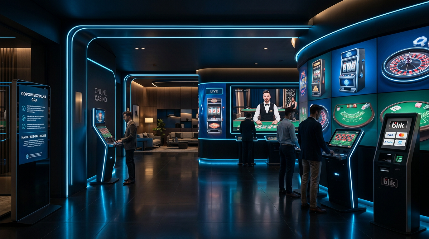 Futuristic Lizaro Casino interface with neon blue lighting and 3D game elements.