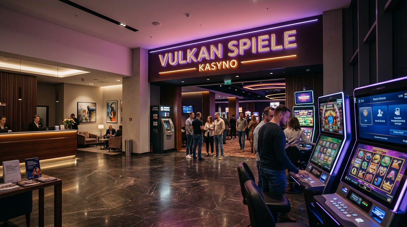 Nowoczesne wnętrze luksusowego kasyna Vulkan Spiele z neonowymi światłami i automatami do gier.