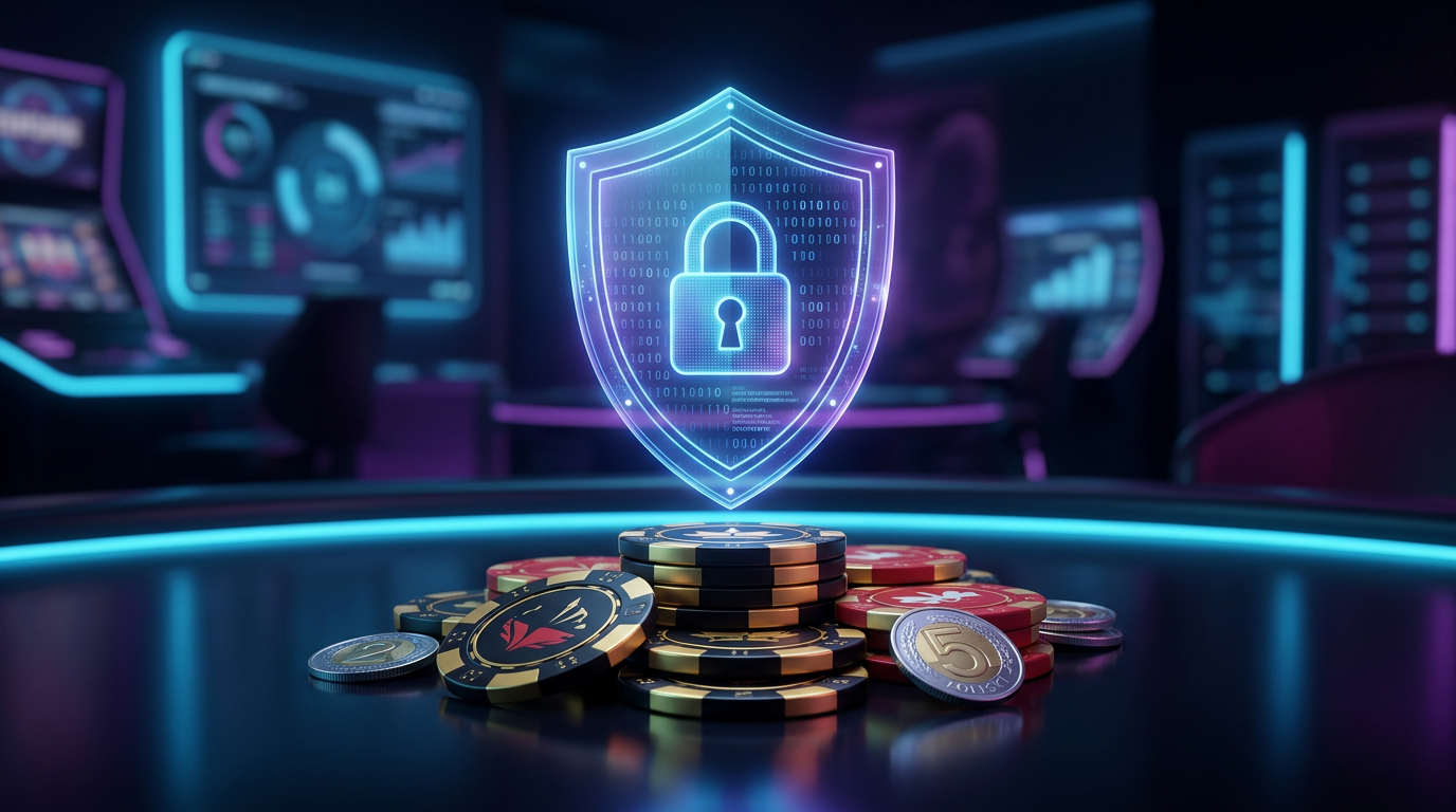 Cybersecurity shield and casino chips representing privacy in no-verification casinos
