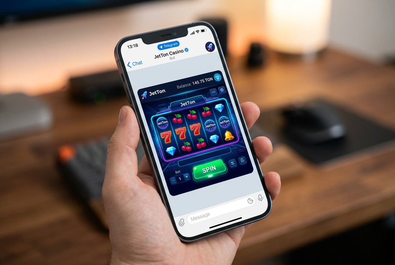 Interfejs aplikacji Telegram z otwartym botem kasyna JetTon na smartfonie
