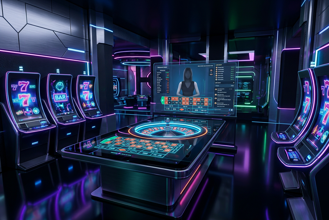Nowoczesne studio kasyna online z elementami neonowymi i interfejsem cyfrowym