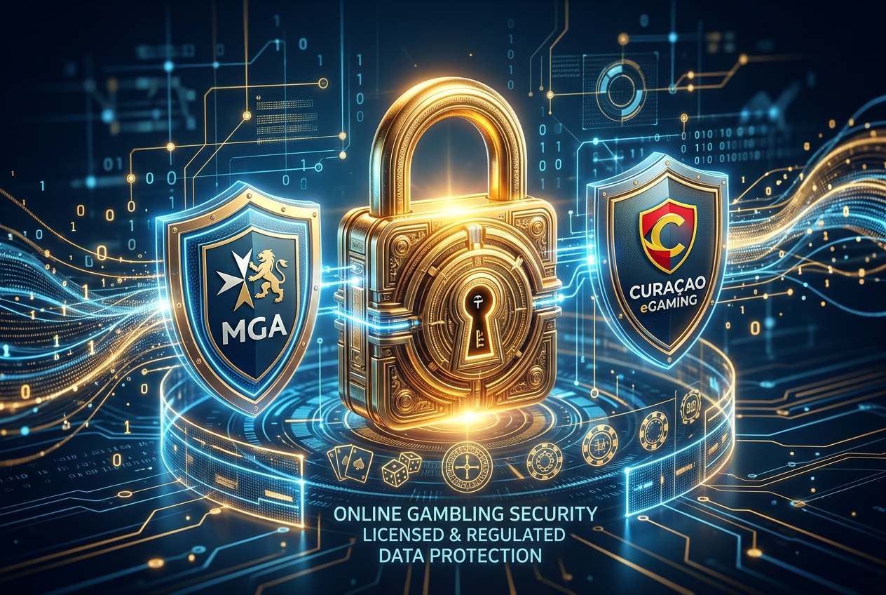 Diagram bezpieczeństwa kasyna online z kłódką SSL i symbolami licencji na niebieskim tle