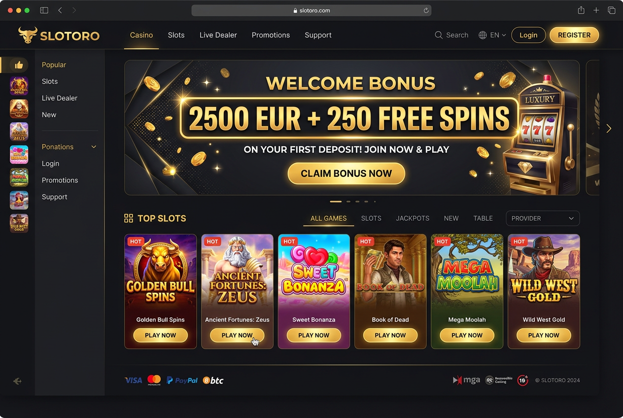Sleek modern online casino homepage with dark theme golden accents showing slot machines
