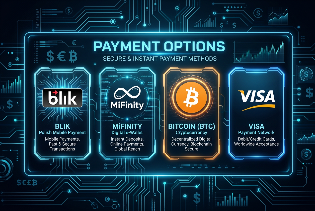 Grafika prezentująca nowoczesne metody płatności w kasynie Spinational w tym BLIK oraz kryptowaluty