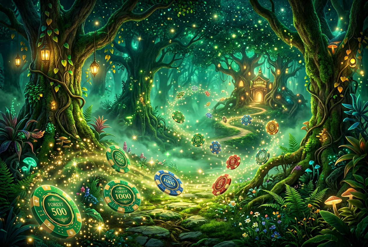 Magical green casino atmosphere with forest elements