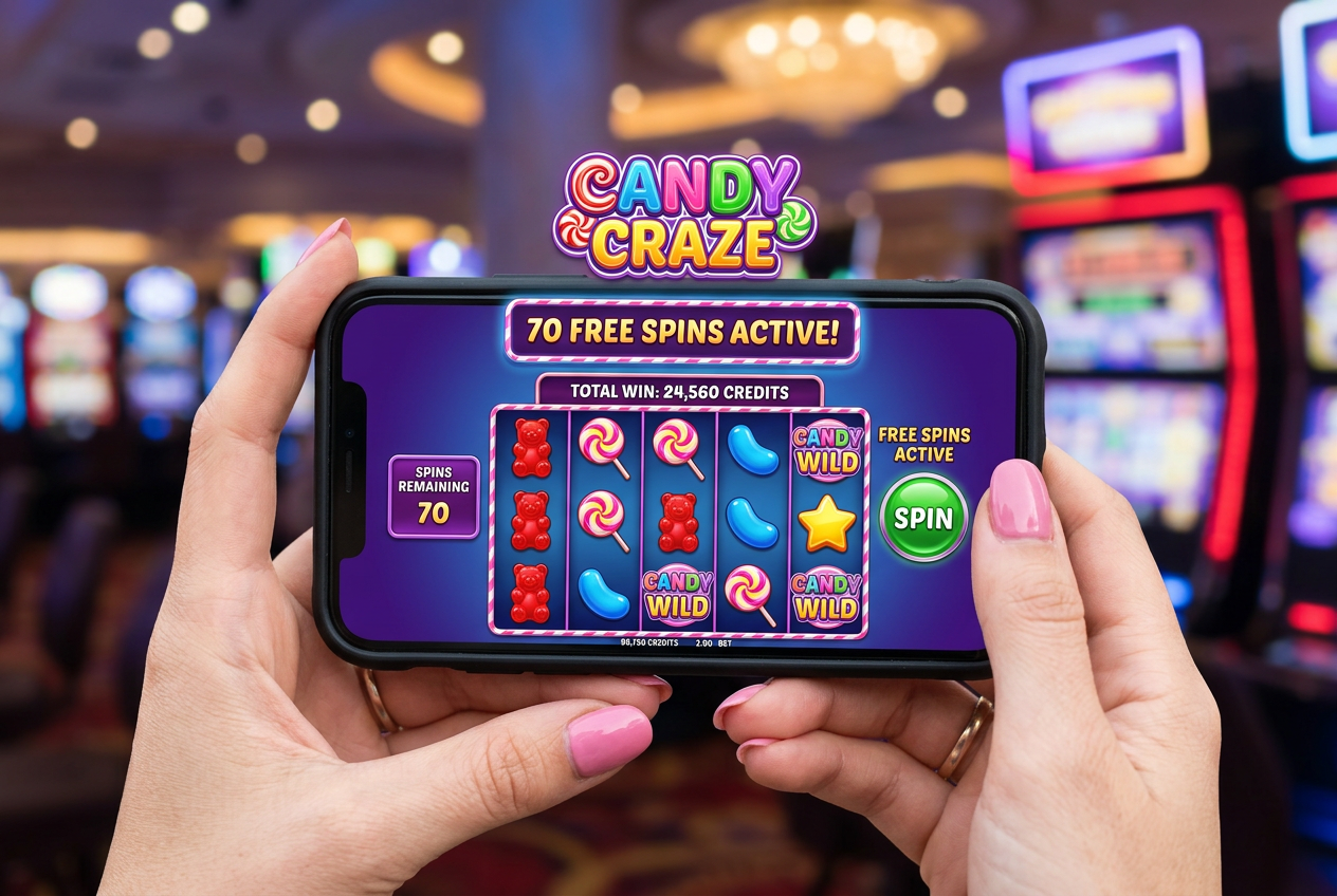 Zbliżenie na smartfona wyświetlającego kolorowy automat Candy Craze z aktywnymi darmowymi spinami w interfejsie kasyna Vulkan Spiele.
