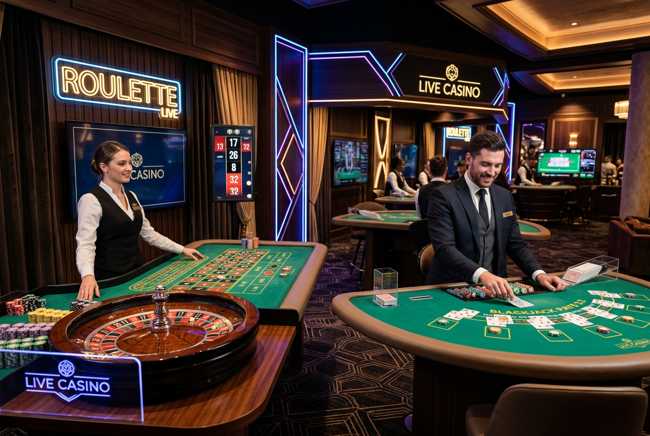 Profesjonalne studio kasyna na żywo z krupierami przy stołach do ruletki i blackjacka