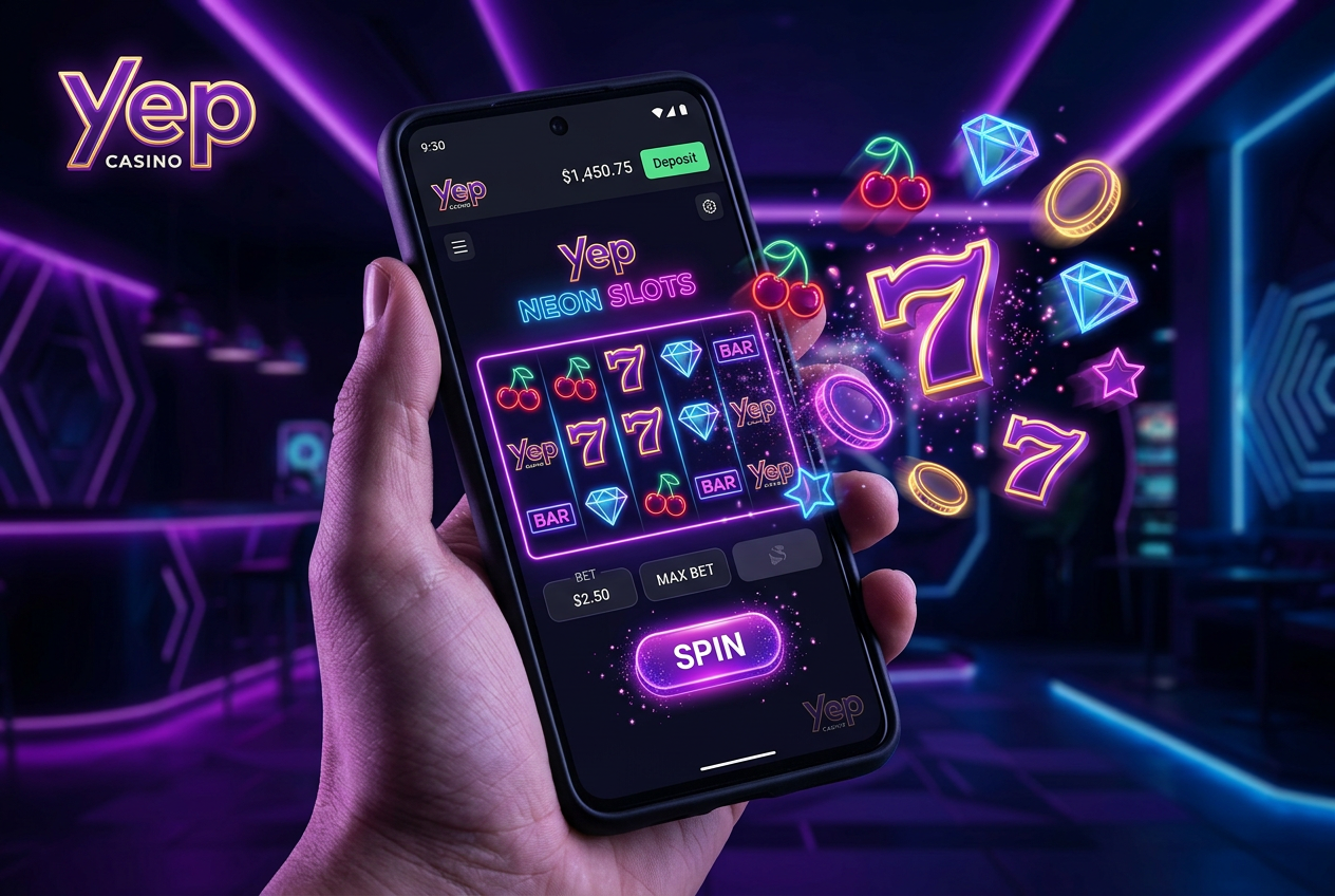 Nowoczesny interfejs mobilny kasyna online na smartfonie z logo Yep i neonowymi akcentami